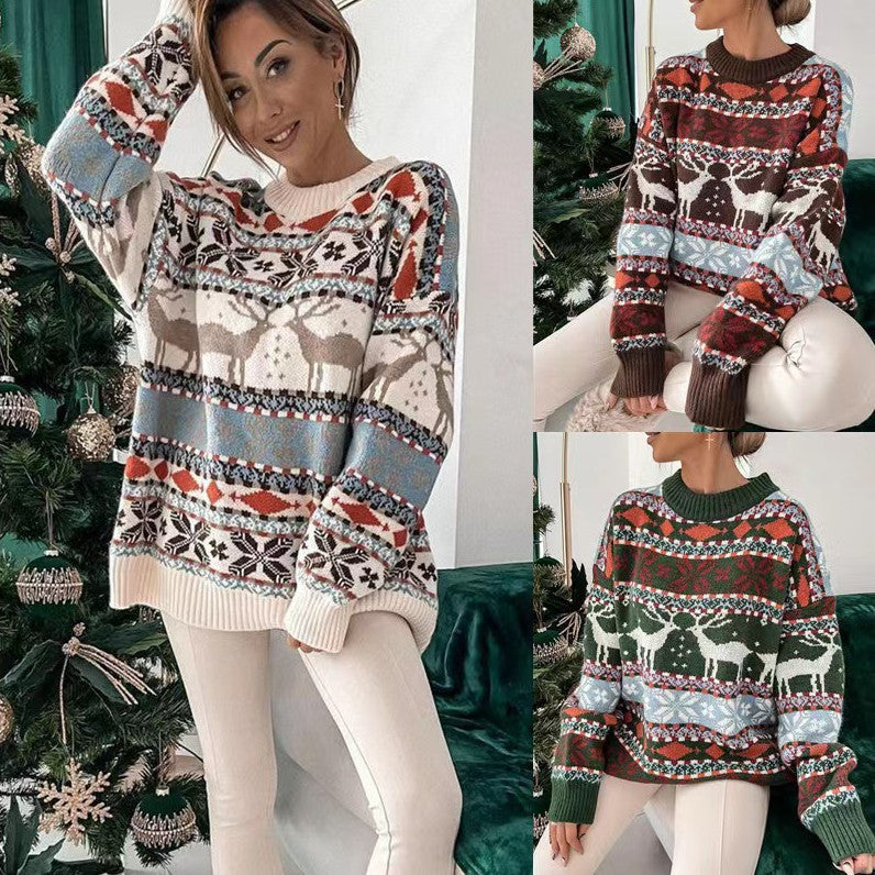 Weihnachtspullover für Damen mit Jacquardmuster und Rundhals, locker geschnitten