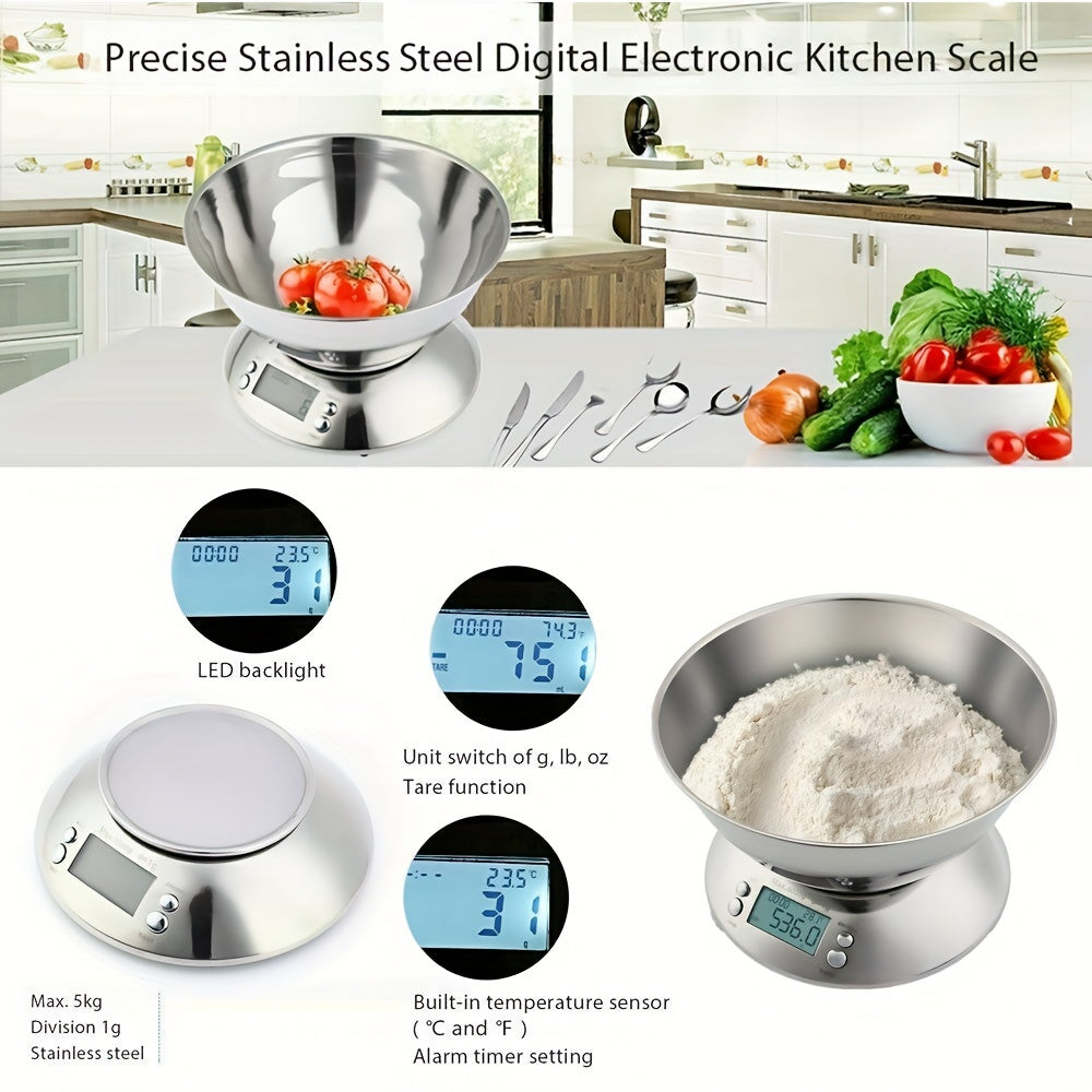 Digitale Küchenwaage mit Edelstahlschüssel – Präzision mit Temperatursensor und Timer-Funktion zum Kochen und Backen