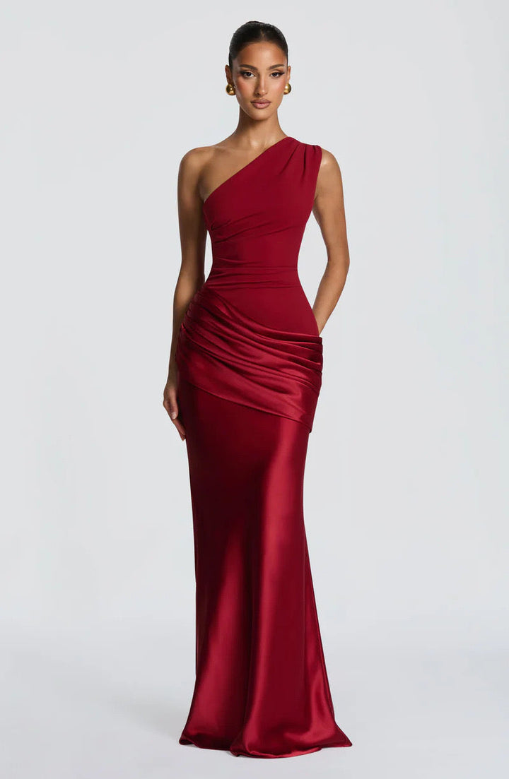 Sidonie einseitig geschultertes, drapiertes Maxikleid aus Satin