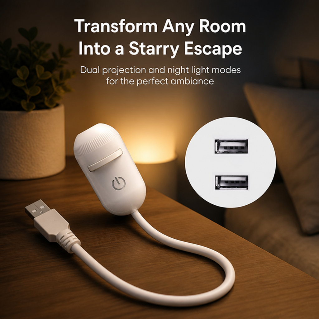 2-in-1-Sternprojektor und warmes Nachtlicht mit austauschbaren Folien, USB-betrieben