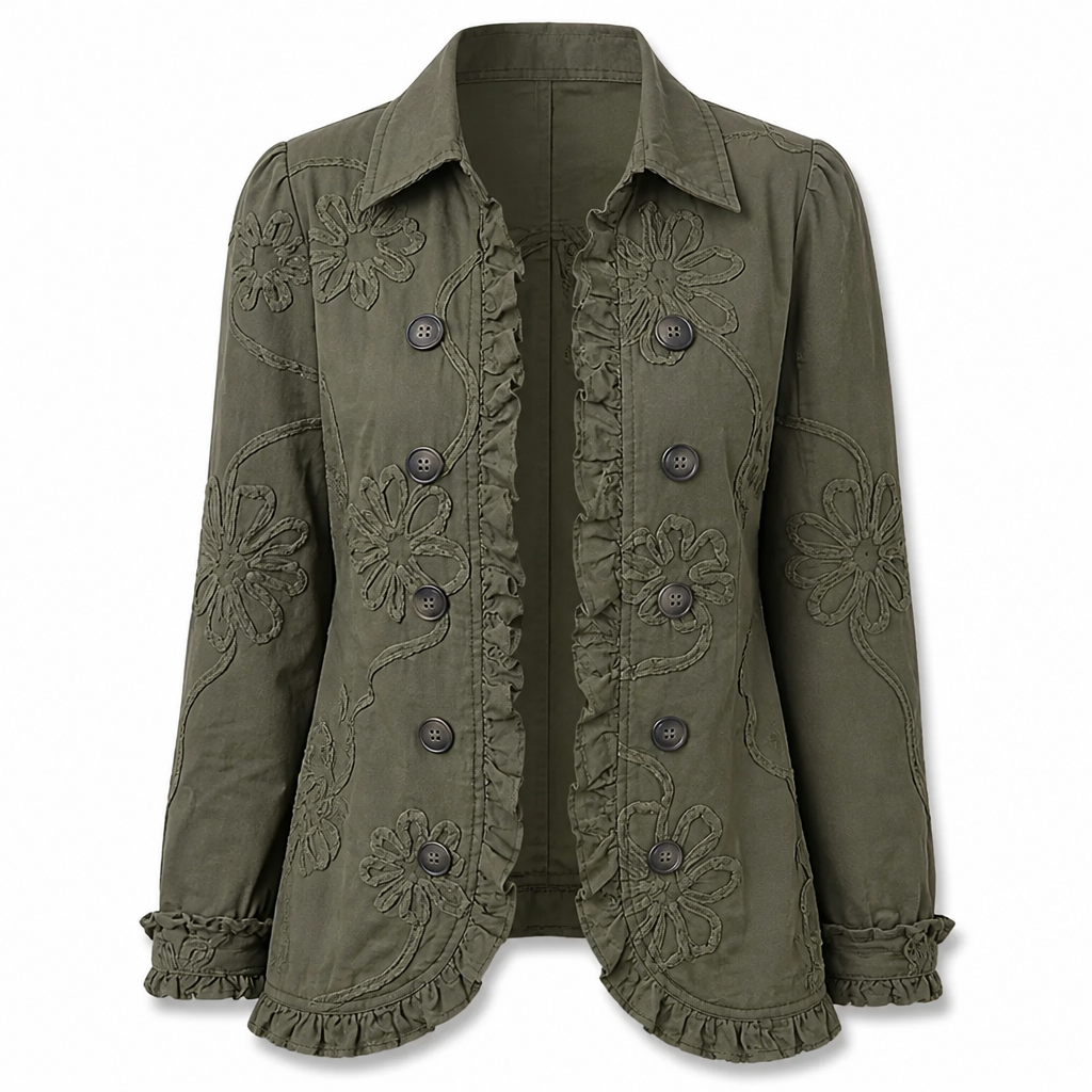 Blumenbestickte Utility-Jacke – Vintage-Boho-Stil mit Rüschenbesatz
