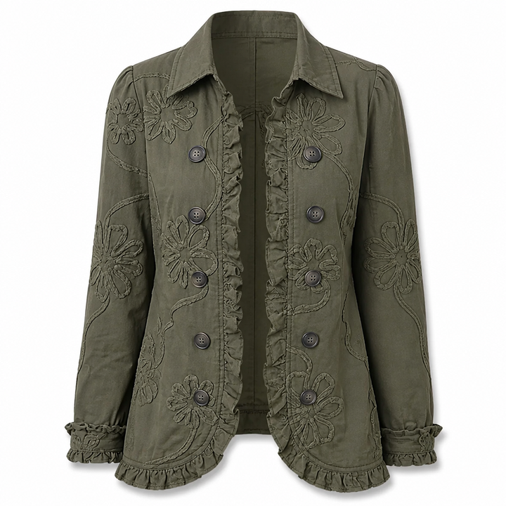 Blumenbestickte Utility-Jacke – Vintage-Boho-Stil mit Rüschenbesatz