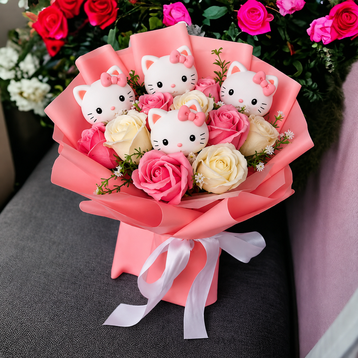 Bunter Kunstblumenstrauß mit Kitty-Figuren für Geschenke und Deko
