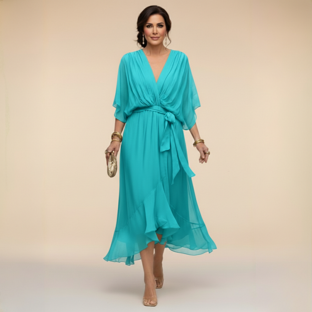 Elegantes, fliessendes Midikleid für Damen – V-Ausschnitt & verstellbare Taille