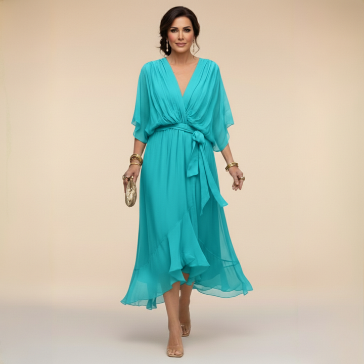 Elegantes, fliessendes Midikleid für Damen – V-Ausschnitt & verstellbare Taille
