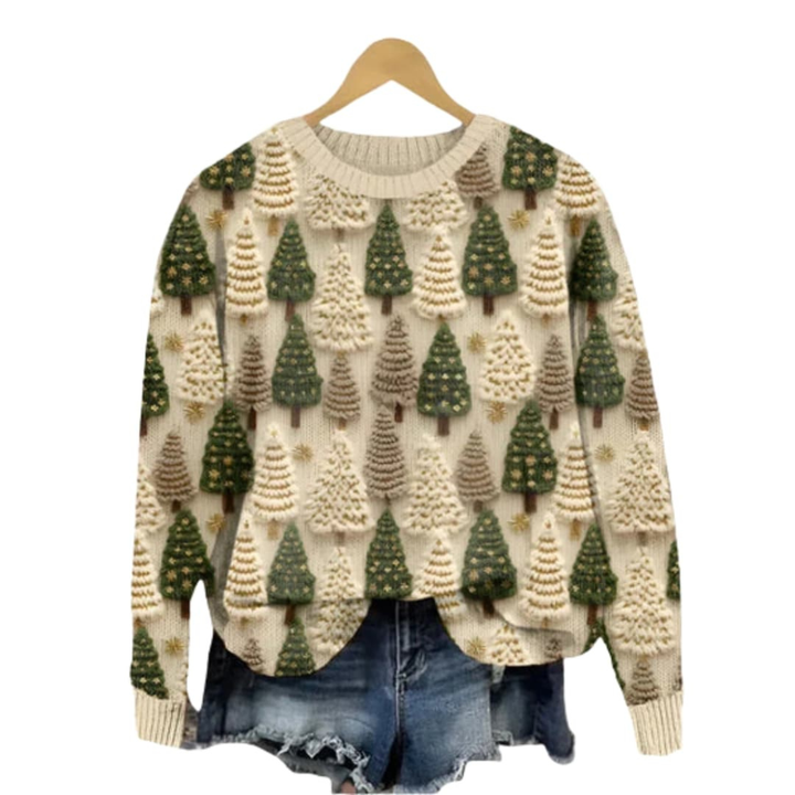 Damen Strickpullover mit Baum-Muster und Rundhalsausschnitt