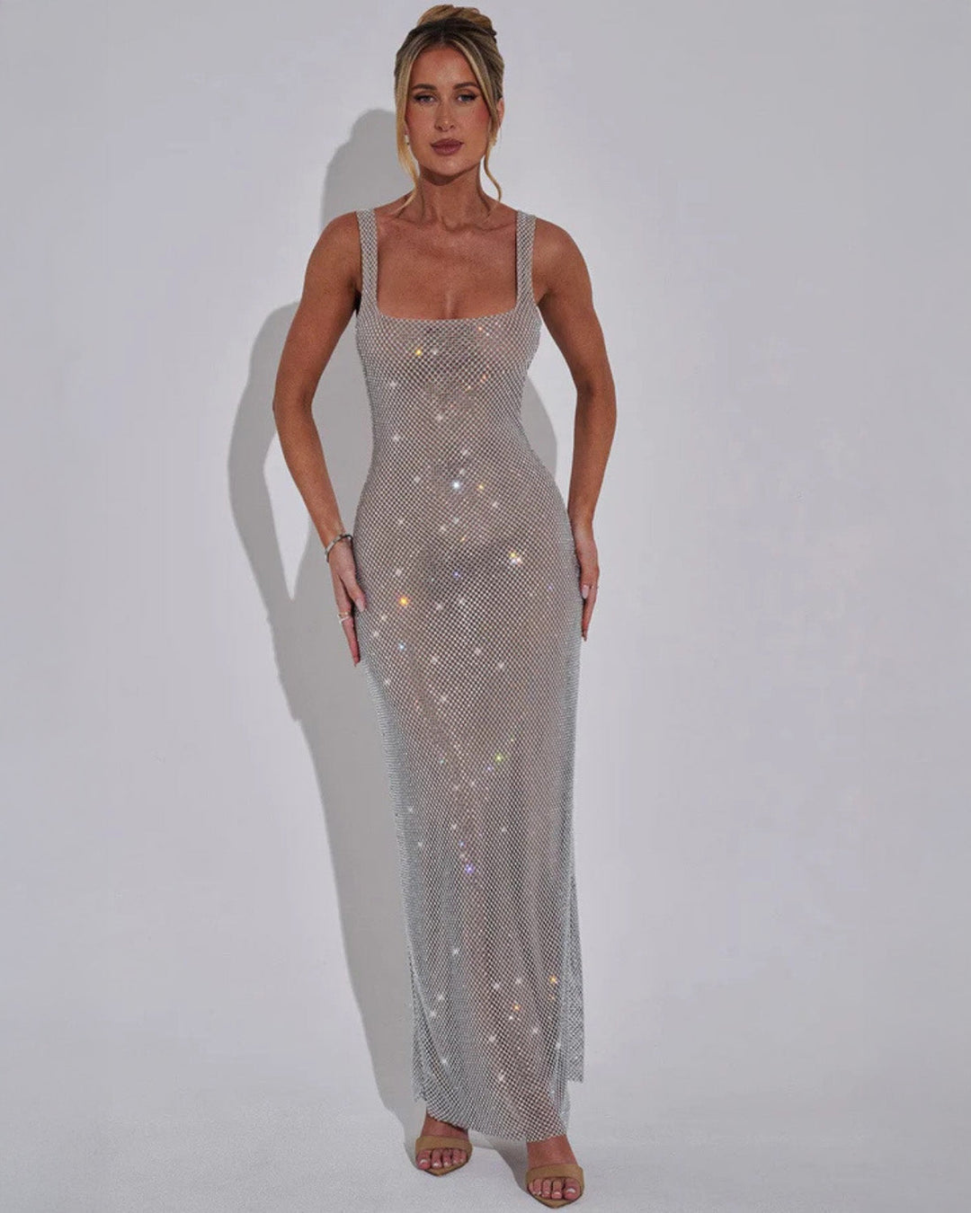 Strass-Maxikleid mit quadratischem Ausschnitt – figurbetontes Abendkleid
