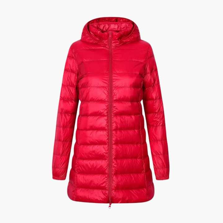 Damen Winter Daunenjacke mit Kapuze und langem Schnitt