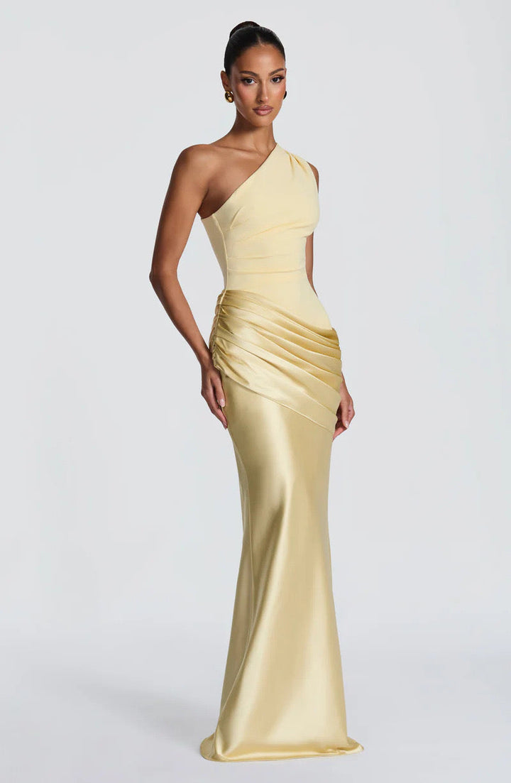 Sidonie einseitig geschultertes, drapiertes Maxikleid aus Satin