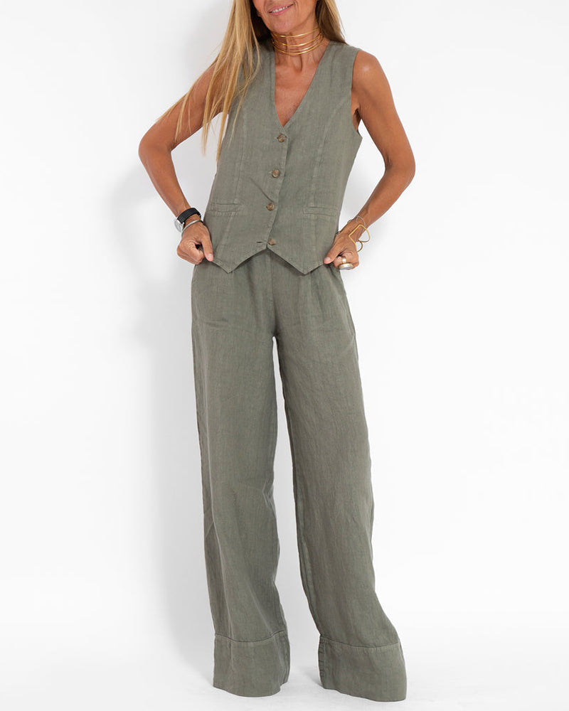 Leinen 2-teiliges Set mit weiter Hose und Weste – Alma