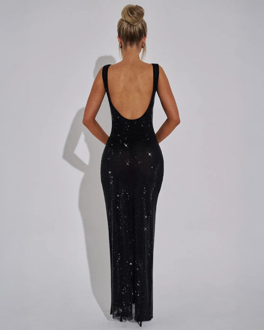 Strass-Maxikleid mit quadratischem Ausschnitt – figurbetontes Abendkleid