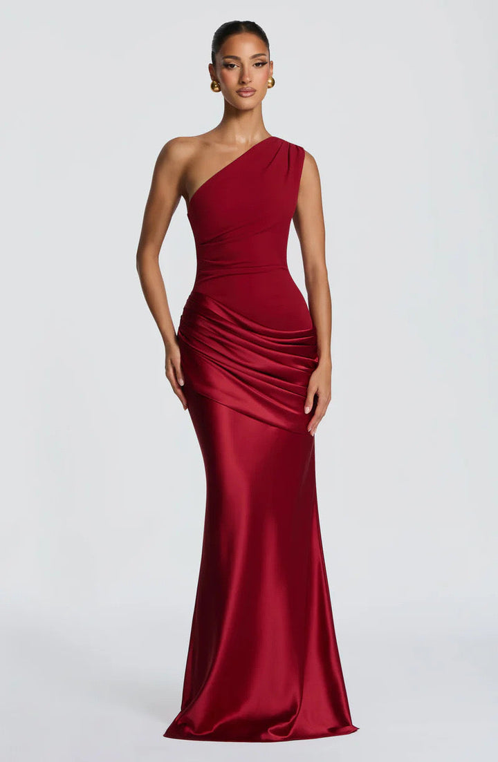 Sidonie einseitig geschultertes, drapiertes Maxikleid aus Satin