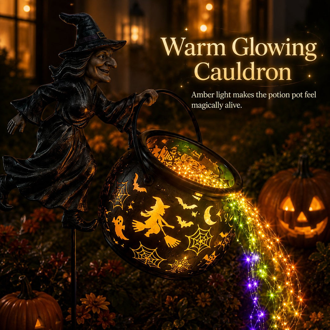 Halloween Hexenkessel-Gartenlampe mit buntem Leuchten und gruseligen Projektionen
