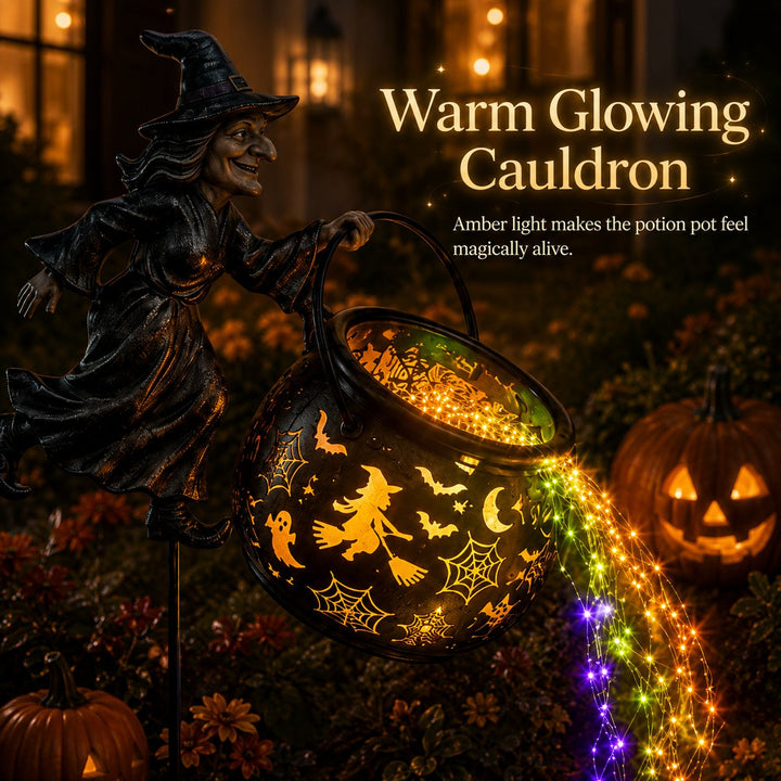 Halloween Hexenkessel-Gartenlampe mit buntem Leuchten und gruseligen Projektionen