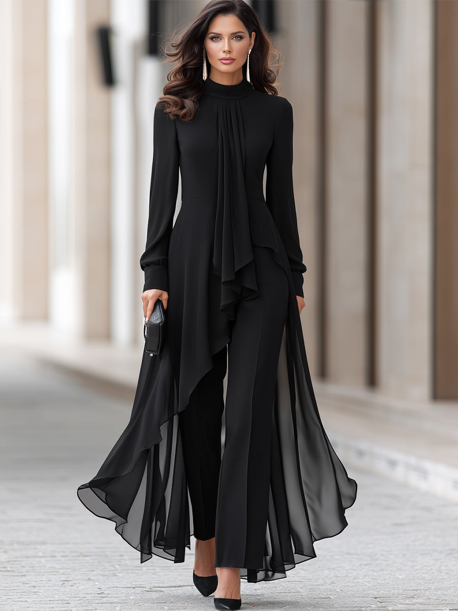 Damen Chiffon-Tunika und weite Hose mit drapiertem Halstuch