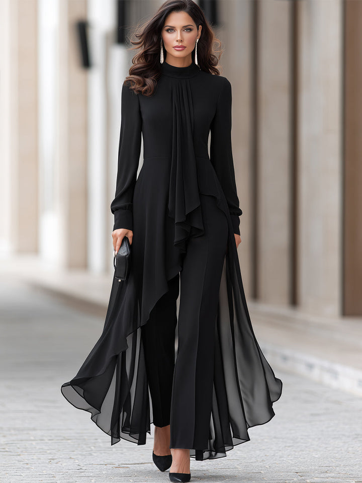 Damen Chiffon-Tunika und weite Hose mit drapiertem Halstuch