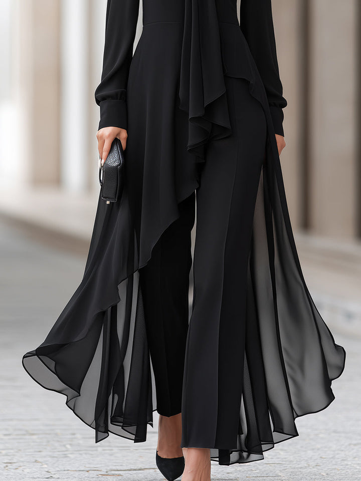 Damen Chiffon-Tunika und weite Hose mit drapiertem Halstuch