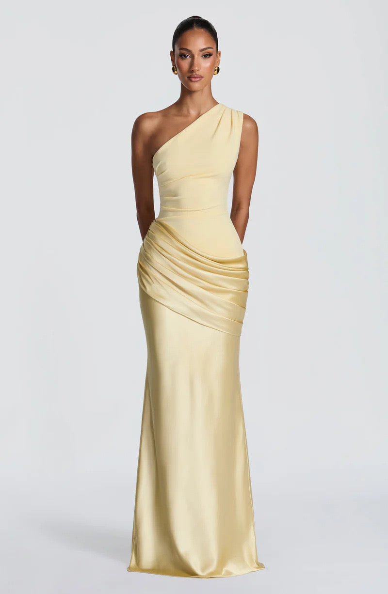 Sidonie einseitig geschultertes, drapiertes Maxikleid aus Satin