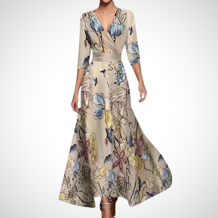 Damen Sommer Maxikleid mit V-Ausschnitt und Dreiviertelärmeln
