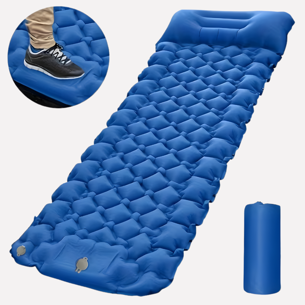 Aufblasbare Campingmatte mit integrierter Pumpe und Kissen