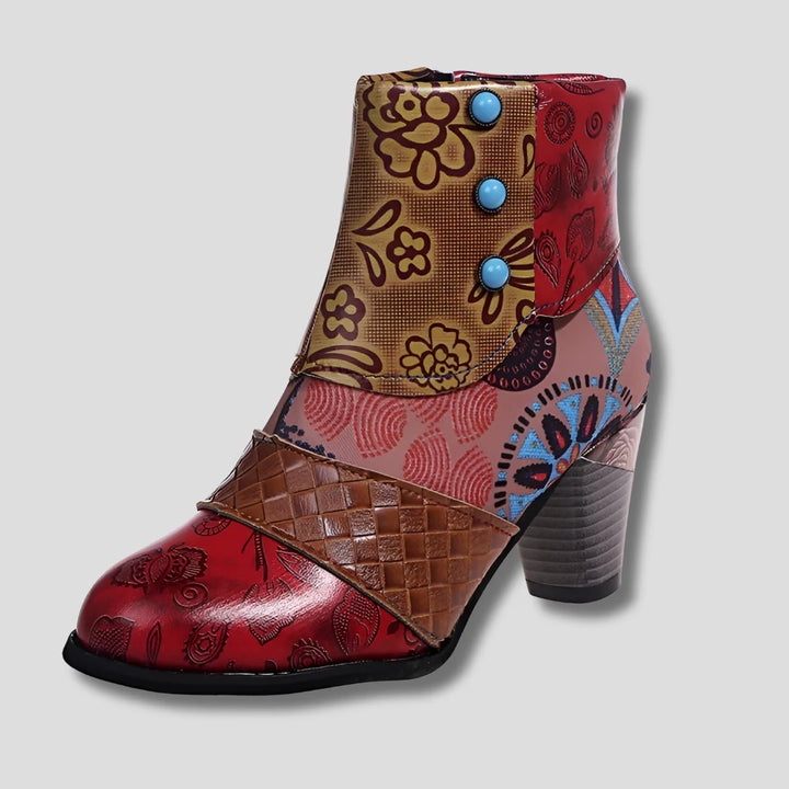 Geprägtes Blumenleder mit klobigem Absatz und Vintage-Charme