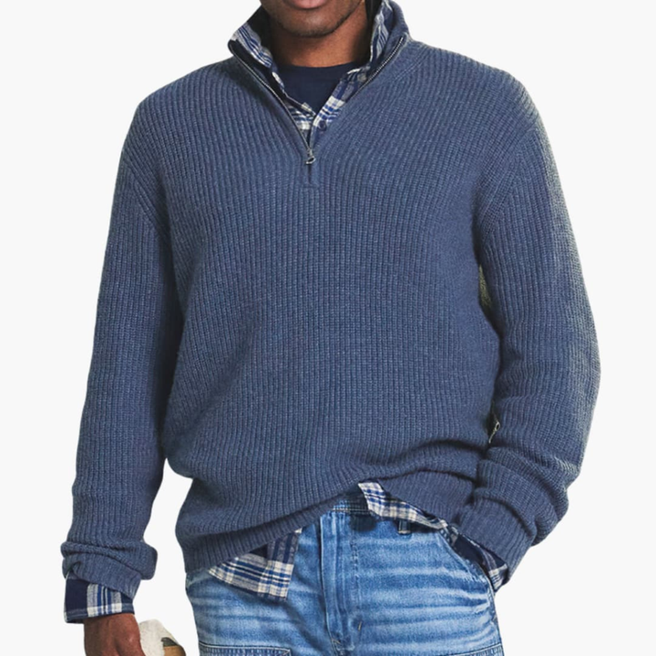 Herren Rippstrickpullover mit halbem Reißverschluss