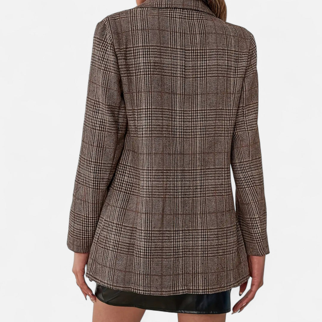 Damenkarierter Blazer mit einreihiger Knopfleiste, taillierte Passform, Braun