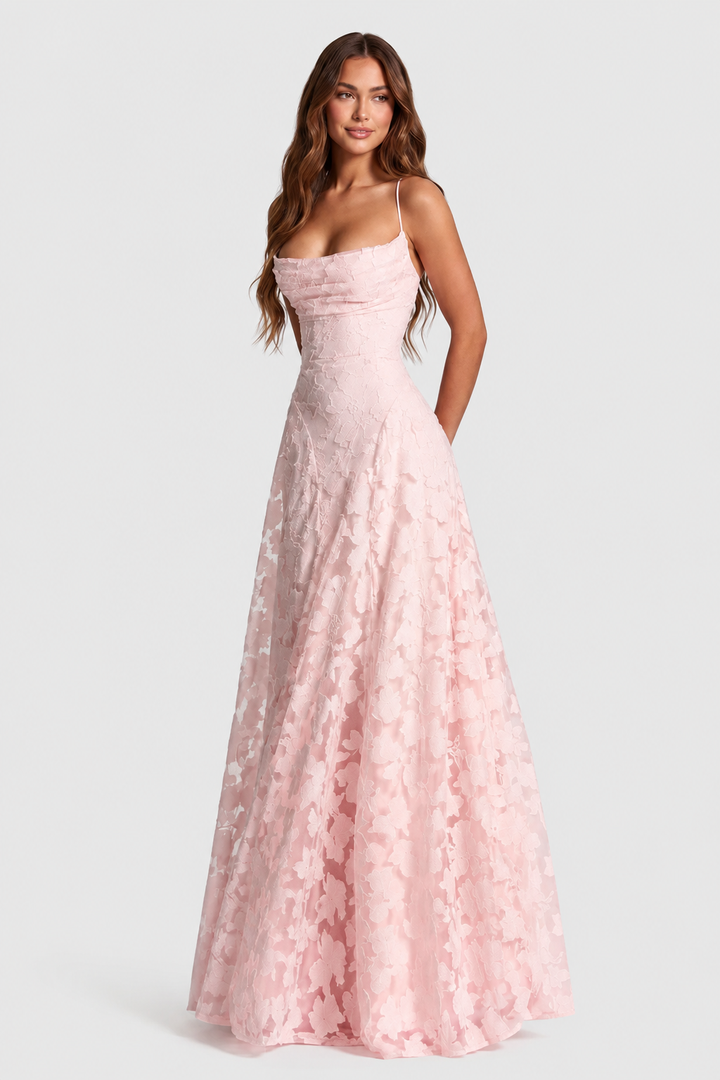 Erhöhtes 3D-Blumen-Spitzen A-Linien Midi-Maxi-Kleid mit drapiertem Ausschnitt