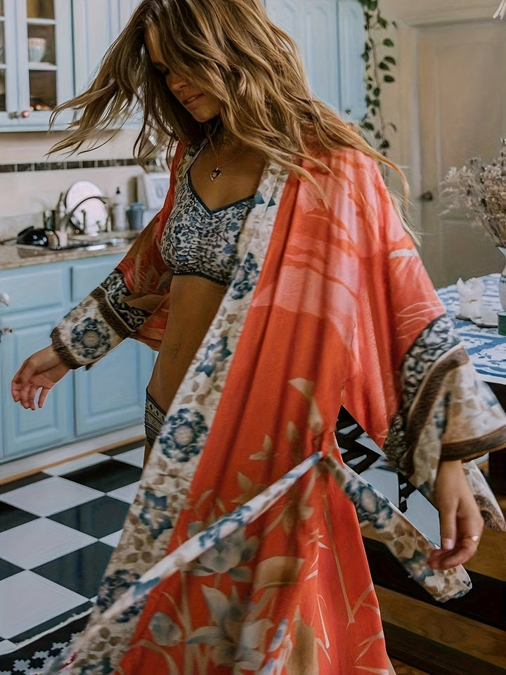 Kimono mit rotem Blumenprint - Isabella