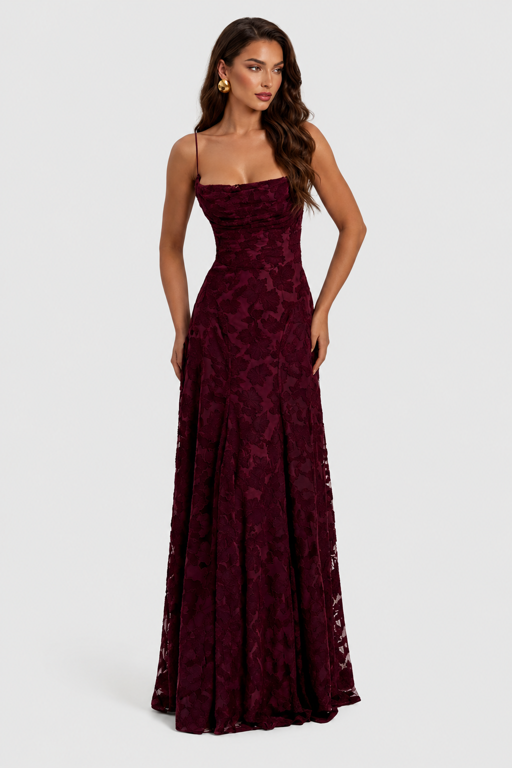 Erhöhtes 3D Blumen-Spitzen A-Linie Midi-Maxi-Kleid mit Drapiertem Ausschnitt