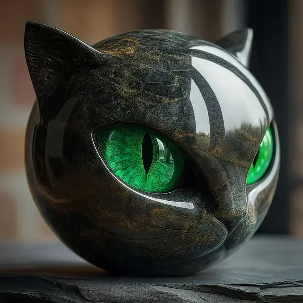 NoirCat Skulptur – Schwarzer Katzenkopf mit Hypnotischen Augen