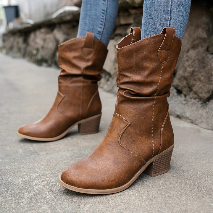 Damen Lederstiefel mit bequemem Absatz – Amara