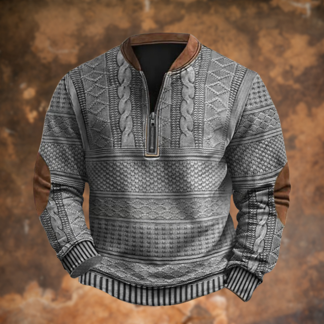 Herren-Strickpullover mit halbem Reißverschluss und Ellbogenpatches