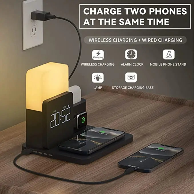 Multifunktionale Kabellose Ladestation – Mit Lampe und Wecker