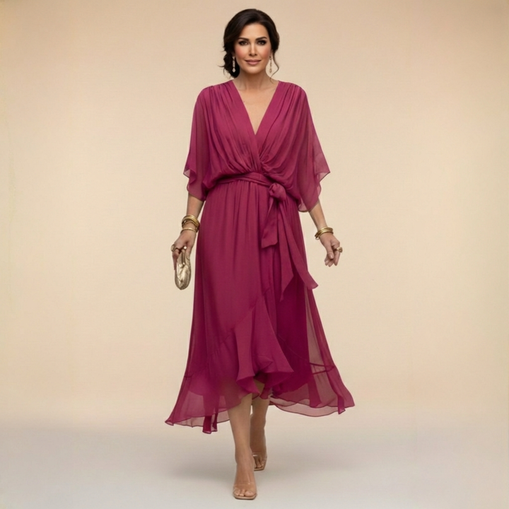 Elegantes, fliessendes Midikleid für Damen – V-Ausschnitt & verstellbare Taille
