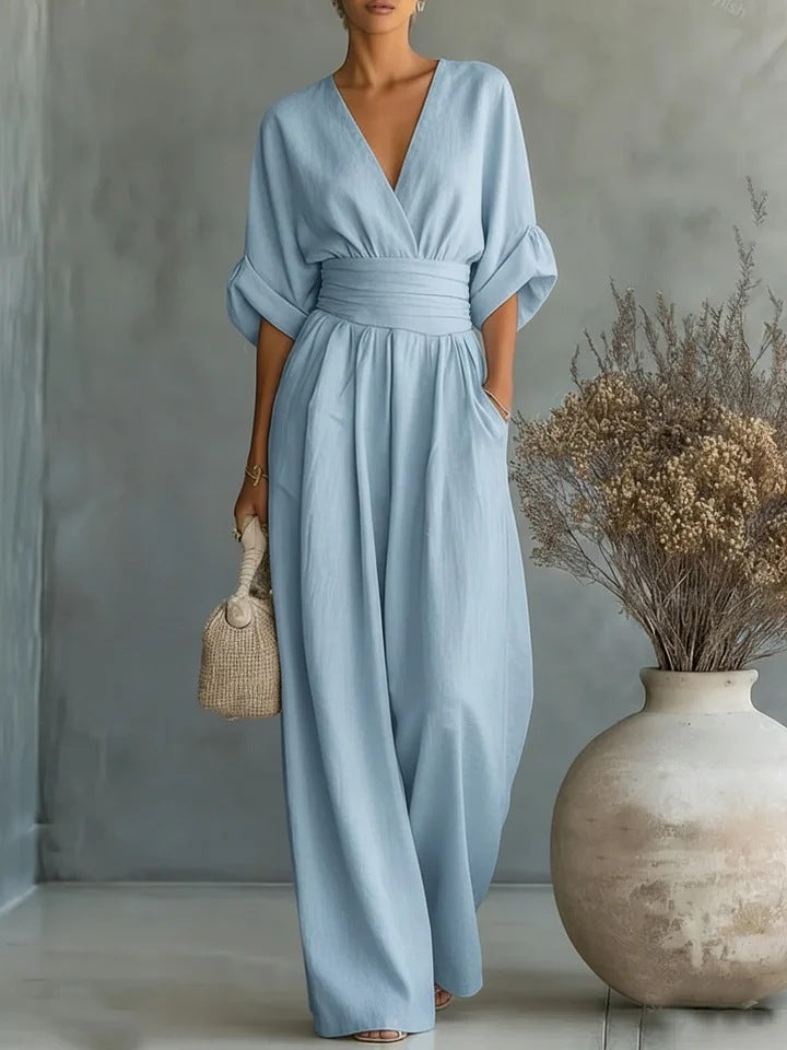 Eleganter Damen-Jumpsuit mit weitem Bein, V-Ausschnitt und fließendem Schnitt