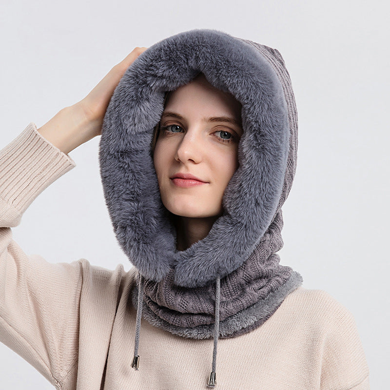 Plüsch-Kapuzenmütze mit Schal für Damen – warm und winddicht
