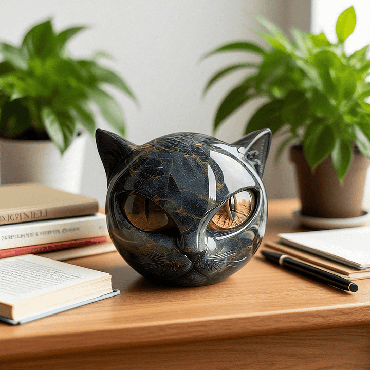 NoirCat Skulptur – Schwarzer Katzenkopf mit Hypnotischen Augen