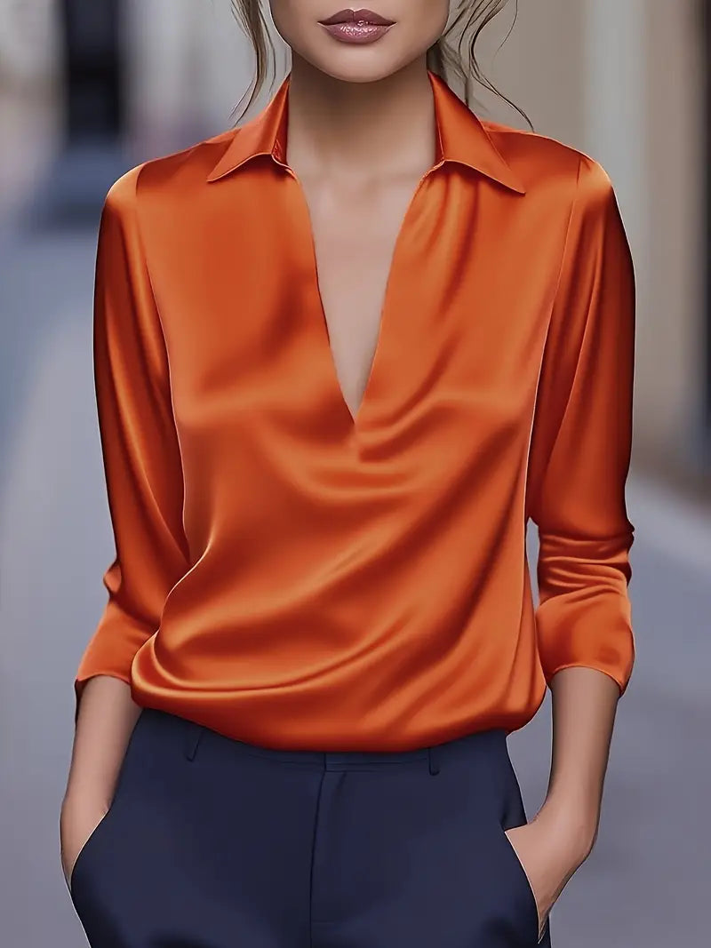 Damen-Satinbluse mit V-Ausschnitt und drapiertem Kragen