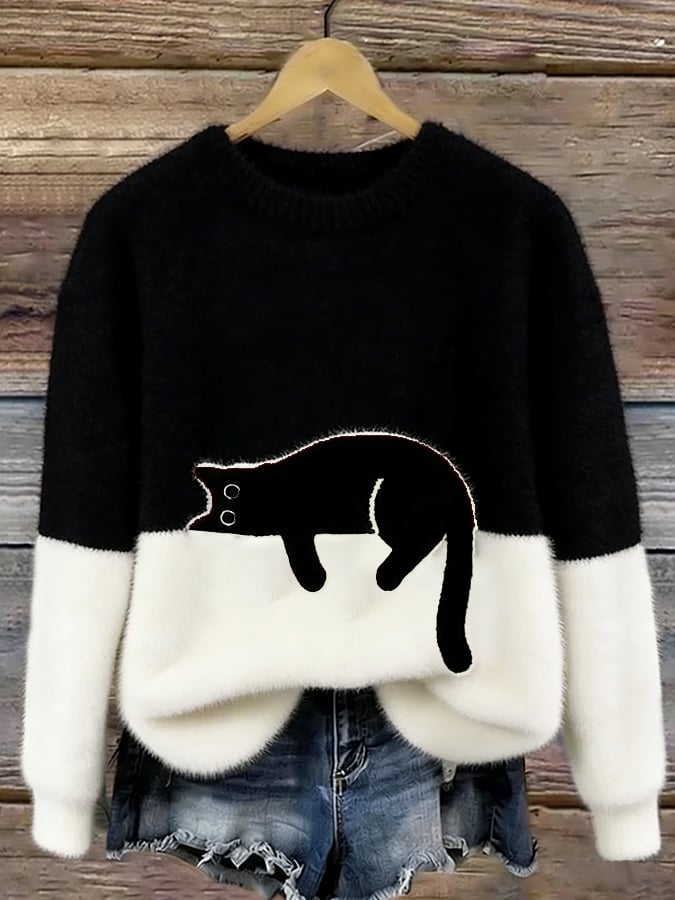 Oversized-Pullover mit Katzenprint