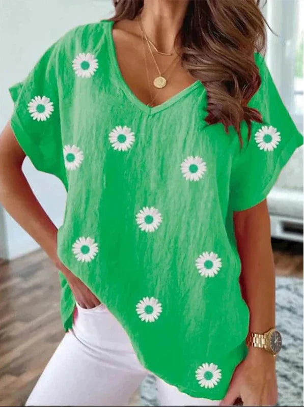 Lässiges T-Shirt mit V-Ausschnitt und 3D-Blumenprint