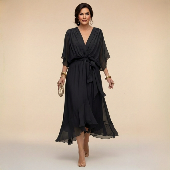 Elegantes, fliessendes Midikleid für Damen – V-Ausschnitt & verstellbare Taille