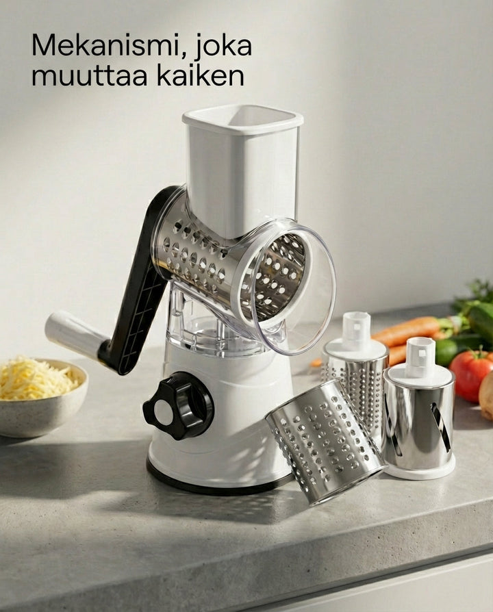 3-in-1 Rotationsgemüseschneider mit Saugfuß und austauschbaren Trommeln