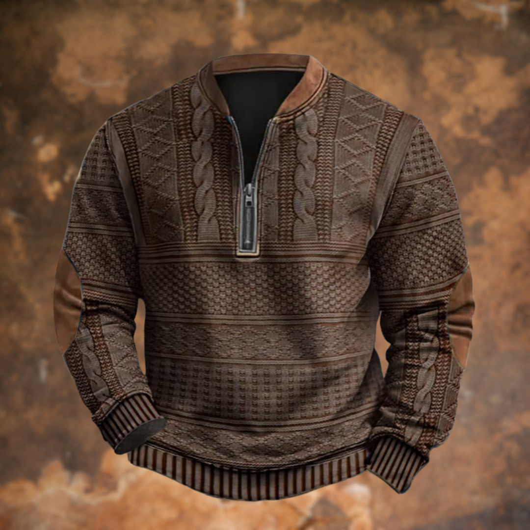 Herren-Strickpullover mit halbem Reißverschluss und Ellbogenpatches