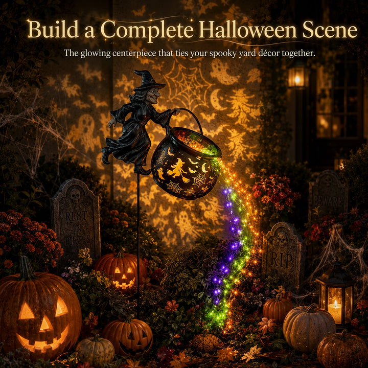 Halloween Hexenkessel-Gartenlampe mit buntem Leuchten und gruseligen Projektionen