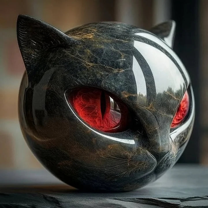 NoirCat Skulptur – Schwarzer Katzenkopf mit Hypnotischen Augen