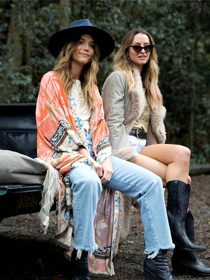 Kimono mit rotem Blumenprint - Isabella