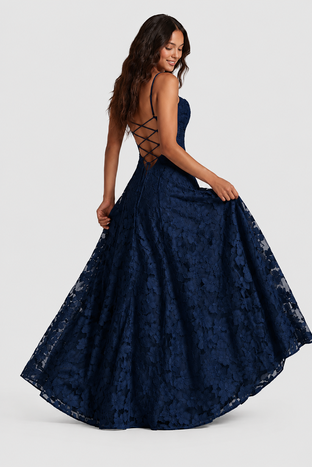Erhöhtes 3D Blumen-Spitzen A-Linie Midi-Maxi-Kleid mit Drapiertem Ausschnitt
