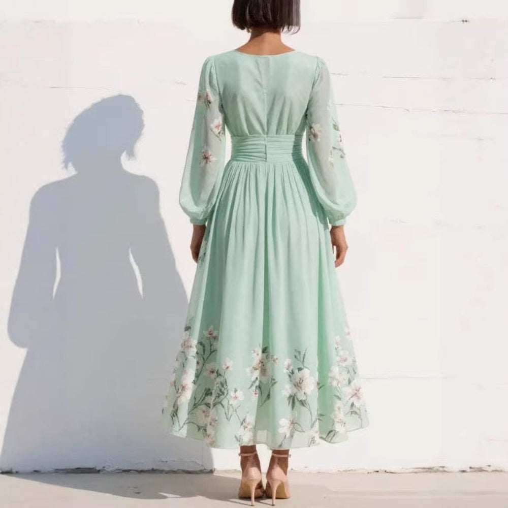 Womens Spring Chiffon Long-Sleeve Pleated Dress