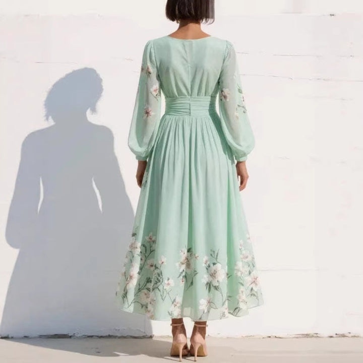 Womens Spring Chiffon Long-Sleeve Pleated Dress